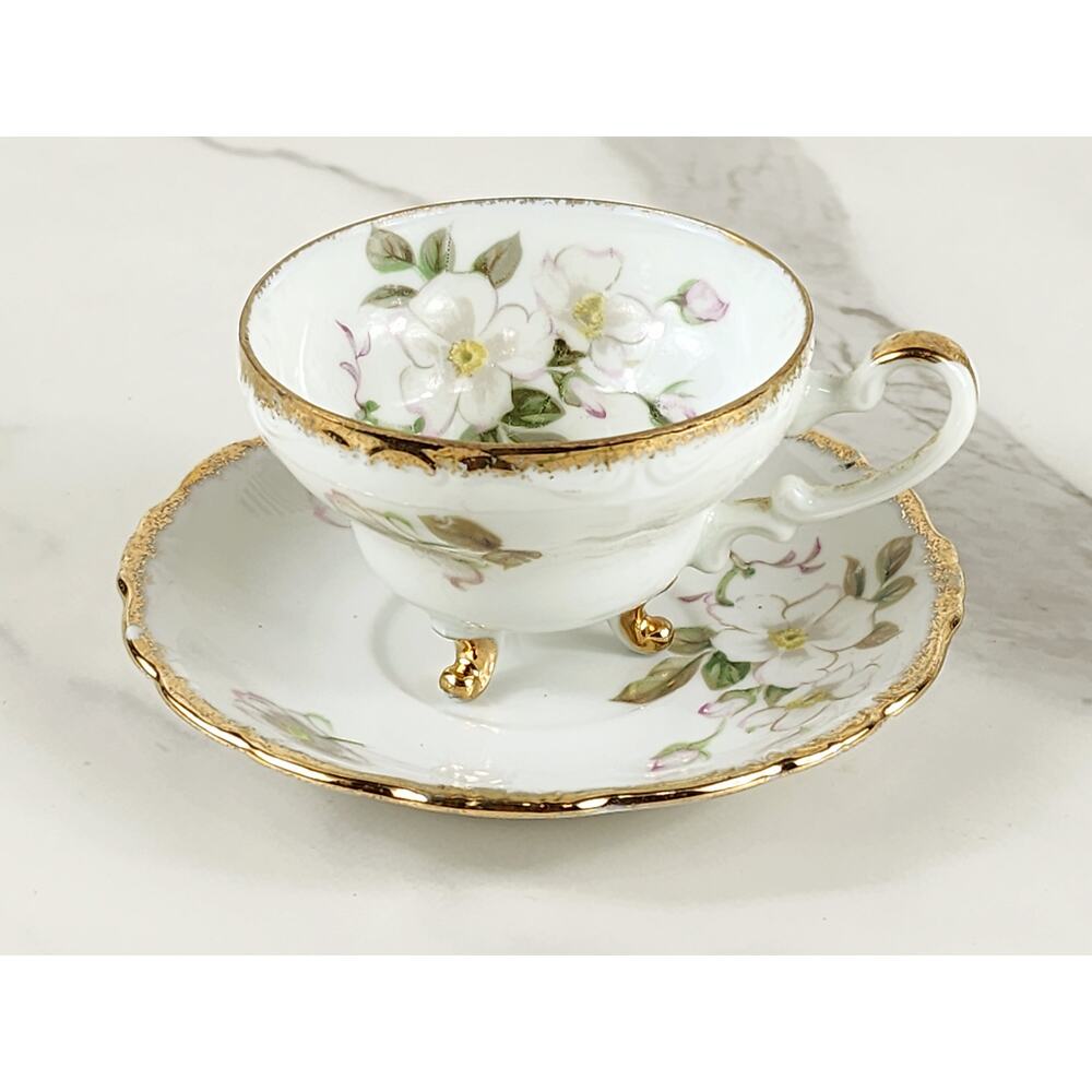 Cherry China Teacup Footed Saucer Floral Gardenias Gold Trim 30's Japan Vintage